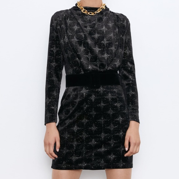 NWT Zara Black Belted Velvet Dress - Picture 8 of 8